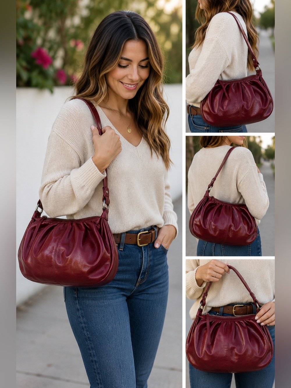 Francesco Biasia Burgundy Leather Hobo Bag Made in Italy Shoulder Purse